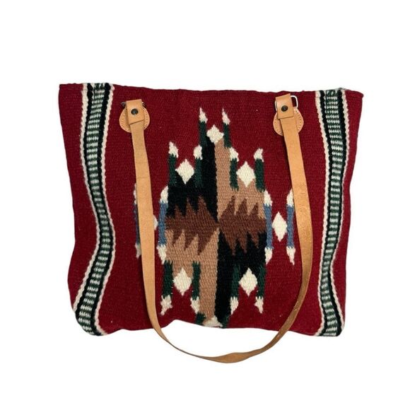 Vintage red wool kilim southwestern large carryall carpet tote bag - Picture 2 of 14